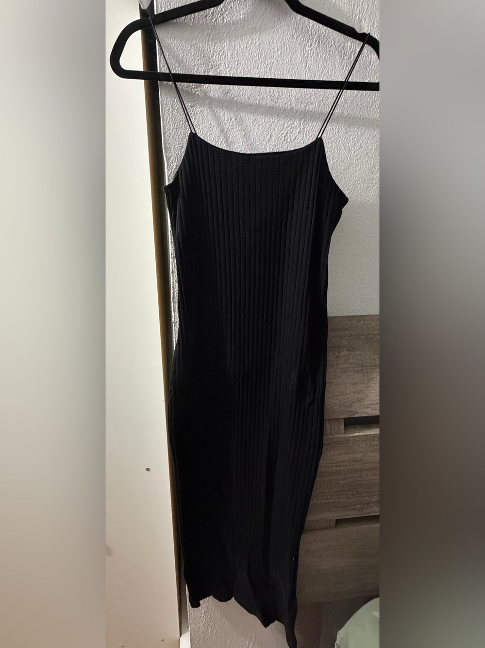 Zara Black Ribbed Midi Slip Dress with Spaghetti Straps